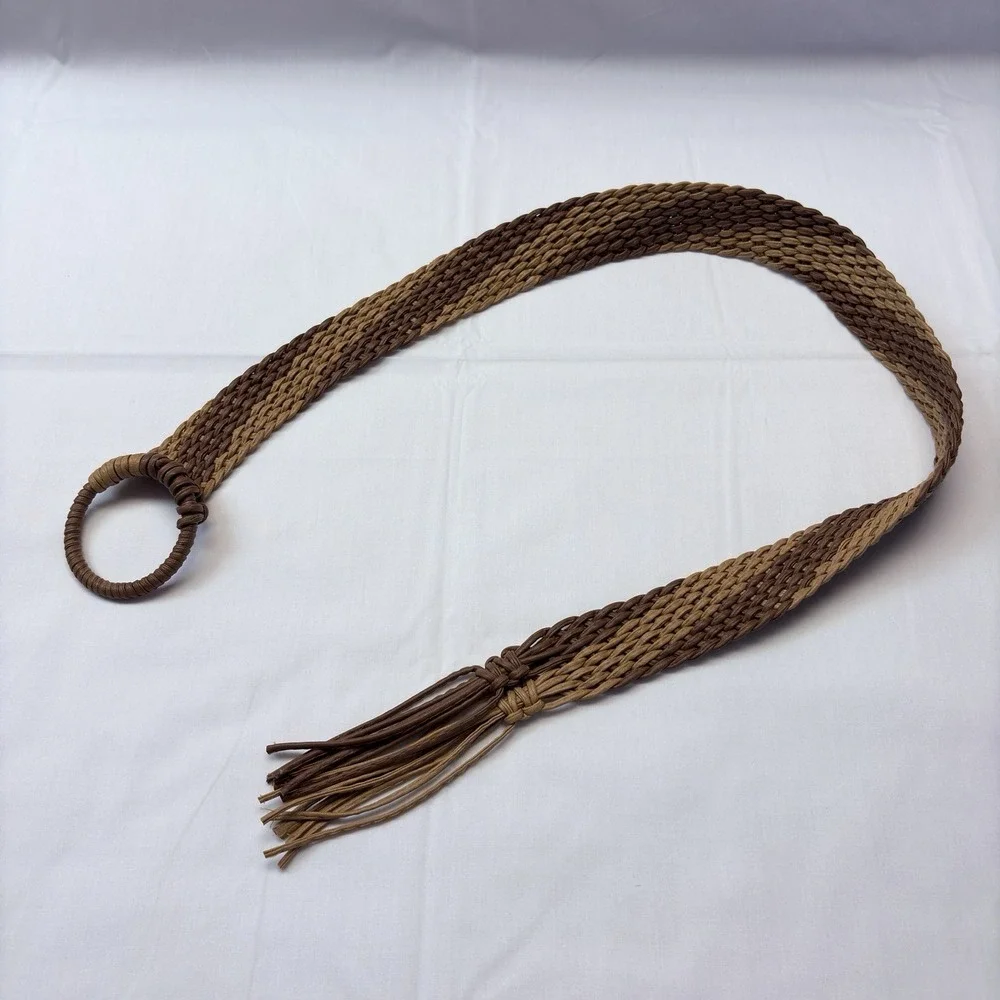 Brown & Tan Woven Belt Wide Boho Ring Buckle Tassel Fringe 36